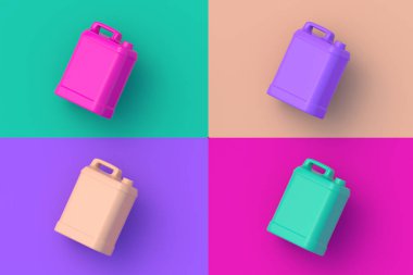 Renkli segmental arka planda dört farklı renkte plastik kutu. 3d hazırlayıcı