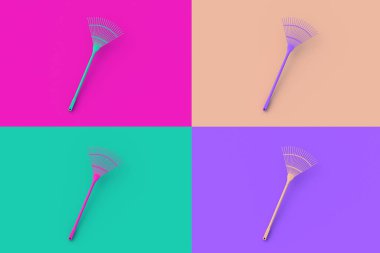 Renkli arka planda dört farklı renk yaprak tırmığı seti. 3d hazırlayıcı