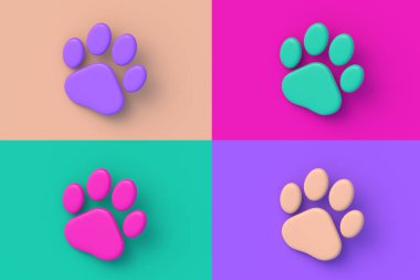 Renkli segmental arka planda dört farklı renkte evcil hayvan ayak izi. 3d hazırlayıcı