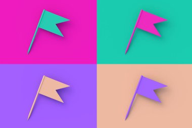 Renkli segmental arka planda dört farklı renk bayrağı rozeti. 3d hazırlayıcı