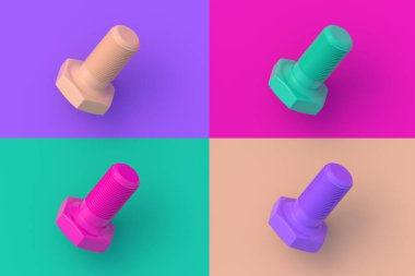 Renkli arkaplanda dört farklı renk metal cıvata seti. 3d hazırlayıcı