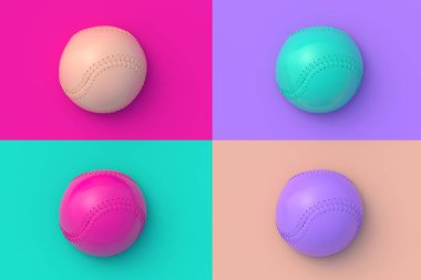 Renkli arka planda dört farklı renkte beyzbol topu seti. 3d hazırlayıcı