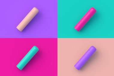 Renkli arka planda dört farklı renkte termo matara seti. 3d hazırlayıcı