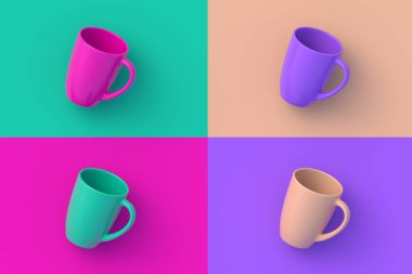 Renkli arka planda dört farklı renkli kupa seti. 3d hazırlayıcı