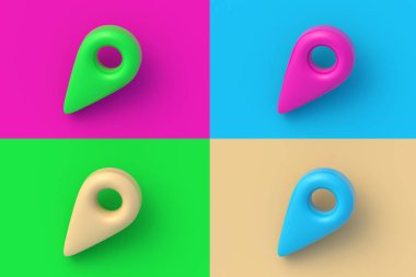 Renkli segmental arka planda dört farklı renk konum belirleme işareti. 3d hazırlayıcı