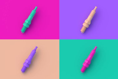 Renkli arka planda dört farklı renk araba bujisi var. 3d hazırlayıcı