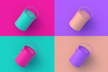 Renkli arkaplanda dört farklı renk boya kutusu var. 3d hazırlayıcı