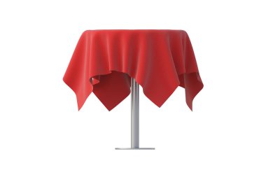 Beyaz arka planda kırmızı kumaşlı bir bar masası. Bir bacak masasının etrafında. Kafe için mobilya. Yan görüş. 3d hazırlayıcı