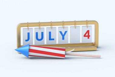 Takvimdeki 4 Temmuz kelimesi. Amerika Birleşik Devletleri 'nin Bağımsızlık Günü. Ulusal tatil. 3d hazırlayıcı