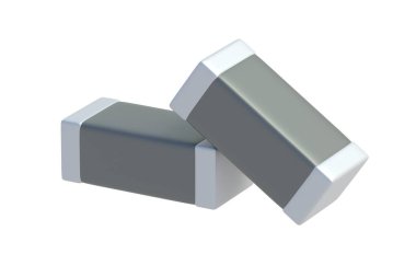 Beyaz arka planda iki smd kapasitör izole edildi. Elektronik bileşen. Devre panosu elemanı. 3d hazırlayıcı