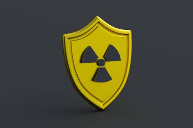 Kalkanda radyasyon işareti var. Güvenli nükleer enerji. Çevrenin radyoaktif kirlenmeden korunması. 3d hazırlayıcı