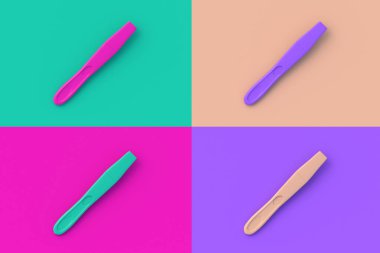 Renkli segmental arka planda dört farklı renk hamilelik testi. 3d hazırlayıcı