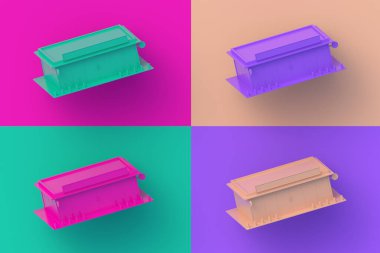 Renkli arka planda dört farklı renk mağazası seti. 3d hazırlayıcı