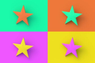 Renkli arka planda dört farklı renk yıldızından oluşan bir set. 3d hazırlayıcı