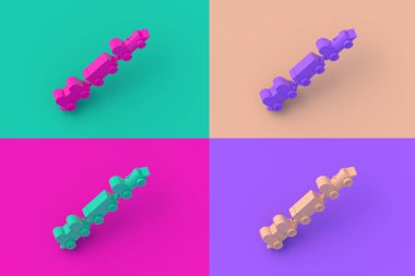 Renkli segmentlere sahip dört farklı renk oyuncak treni seti. 3d hazırlayıcı