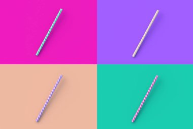 Renkli arkaplanda dört farklı renk şeritli kamış seti. 3d hazırlayıcı