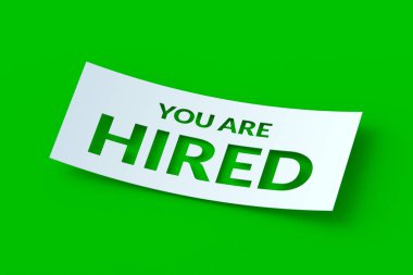 Yeşil arka plandaki kavisli kağıttaki kelimelersiniz. İnsan kaynakları yönetimi. Şirketin yeni çalışanı. Başarılı bir iş görüşmesi. İyi bir aday. İşe alım konsepti. 3d hazırlayıcı