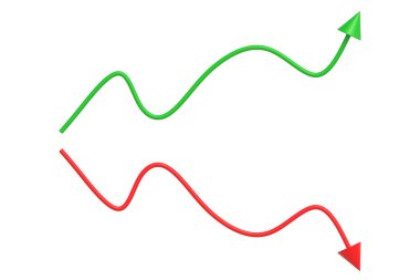Yeşil oklar yükselen ve kırmızı inen oklar beyaz arka planda izole edilmiş. 3d hazırlayıcı