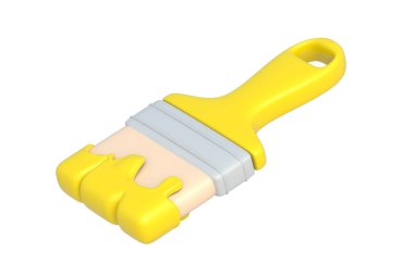 Sarı boya fırçası beyaz arka planda izole edilmiş. Ekipmanları yeniden dekore et. Yeniden yapılanma aracı. Ev işi aksesuarları. 3d hazırlayıcı