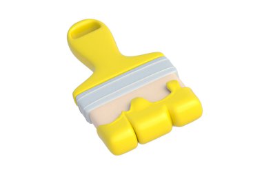 Beyaz arkaplanda izole edilmiş sarı renkli boya fırçası. Ekipmanları yeniden dekore et. Yeniden yapılanma aracı. Ev işi aksesuarları. 3d hazırlayıcı
