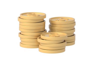 Birçok madeni para beyaz arka planda izole edilmiştir. 3d hazırlayıcı