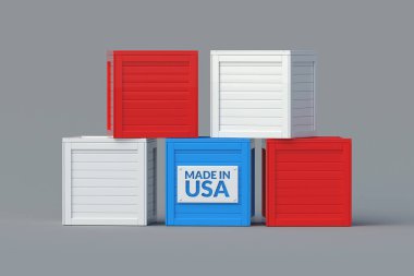 Tahta kutunun üzerindeki metal plaka ile ABD dilinde yapılmış. Dağıtım konsepti. Toptan alımlar ya da satışlar. İthalat, mal ihracatı. 3d hazırlayıcı