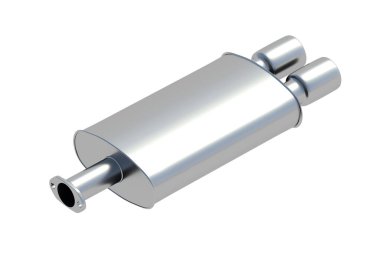 Beyaz arka planda yeni bir egzoz susturucusu var. Otomotiv çift egzoz. Nakil için modern egzoz borusu. Yedek parça. 3d hazırlayıcı