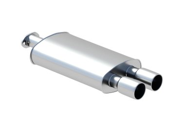 Arabanın egzozu beyaz arka planda izole edilmiş. Otomotiv çifte susturucusu. Nakil için modern egzoz borusu. Yedek parça. 3d hazırlayıcı