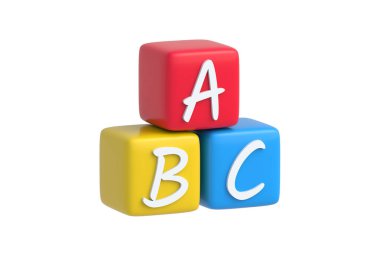 ABC anaokulu eğitimi için beyaz arka planda izole edilmiş. Okumak için harfleri olan renkli küpler. İngilizce öğreniyorum. 3d hazırlayıcı
