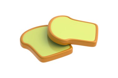 Beyaz arka planda izole edilmiş iki tost. Kahvaltıda bir dilim ekmek. 3d hazırlayıcı