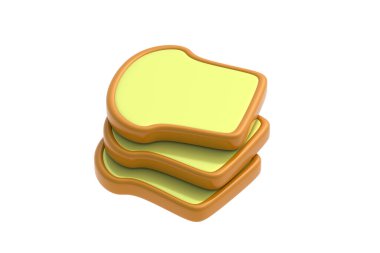 Beyaz arka planda izole edilmiş bir yığın tost. Kahvaltıda bir dilim ekmek. 3d hazırlayıcı