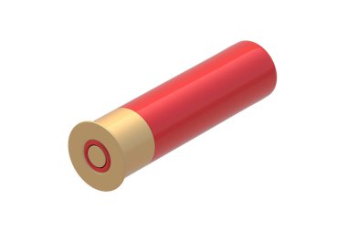 Beyaz arka planda izole edilmiş bir av tüfeği fişeği. Karabina için mermi. Skeet atışı için mermi. 3d hazırlayıcı