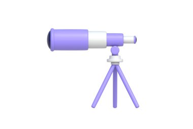 Teleskop beyaz arka planda izole edildi. Uzay araştırma ekipmanları. Yıldızları gözlemlemek için optik bir araç. Yan görüş. 3d hazırlayıcı