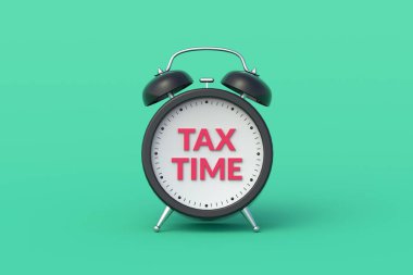 Alarm saatinin vergi zamanı. Finansal konsept. Ödemek zorunludur. Gelir hesaplanıyor. Yıllık ödeme. Kanunun gereksinimi. Vatandaşların sorumlulukları. 3d hazırlayıcı