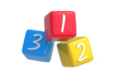 1, 2, 3 blok düşerek beyaz arka planda izole edilmiş anaokulu eğitimi. Çalışmak için rakamları olan renkli küpler. 3d hazırlayıcı
