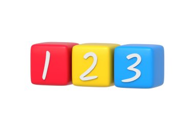 Beyaz arka planda izole edilmiş okul öncesi eğitim için 1, 2, 3 sayı bloğu. Çalışmak için rakamları olan renkli küpler. 3d hazırlayıcı