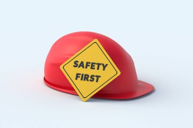 Kaskın yanındaki tabelada güvenlik kelimesi var. İş konseptinde koruma. Üretimde sıfır kaza. 3d hazırlayıcı