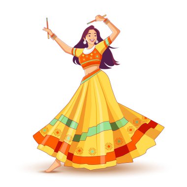 Beyaz arka planda dans eden, ulusal giysili güzel Hintli kız. Vektör çizimi. Navratri Festival Dansı, Garba, Dandiya.