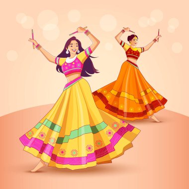 Hint dansçıların renkli arka planda geleneksel kostüm dansının vektör çizimi. Navratri Festival Dansı, Garba, Dandiya.