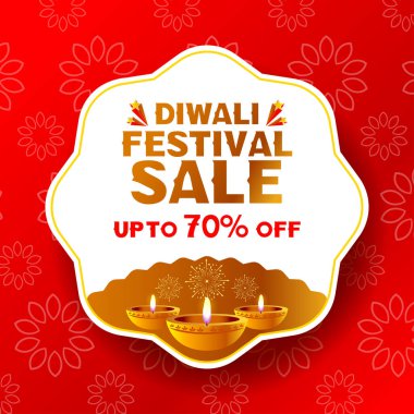 Parlak divalar, zarif havai fişekler ve% 70 indirimli cesur metinler içeren çarpıcı kırmızı Diwali vektör tasarımı. Online alışveriş promosyonları ve tatil indirimleri için mükemmel bir şablon..
