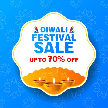 Mavi arka planlı zarif Diwali promosyon vektörü, parlak diyas ve parlak havai fişekler. Festival sezonu indirimleri için% 70 'e kadar indirim de dahil. Dijital kampanyalar ve eTicari pazarlama için elverişli.