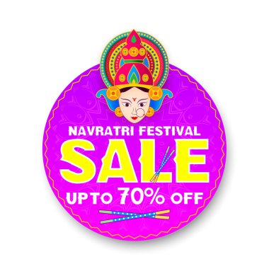 Renkli Navratri festivali tasarımı. Tanrıça Durga illüstrasyonu, çiçek çelenkleri ve geleneksel şenlik arkaplanı. Davetiyeler, posterler ve kültürel sanat eserleri için mükemmel..