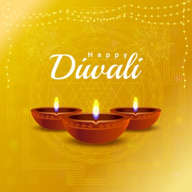 Parlayan divalar, kurnaz yantramlar, ışıklar ve havai fişeklerle donatılmış zarif bir Altın Diwali arka planı. Festival tebrik kartları, davetiyeler, sosyal medya paylaşımları, afişler ve festival promosyonları için mükemmel.