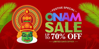 Kathakali maskesi, palmiye yaprakları ve geleneksel festival renklerinin yer aldığı Yaratıcı Onam satış vektörü illüstrasyonu. Festival indirimleri, tanıtım teklifleri ve Onam reklam kampanyaları için ideal..