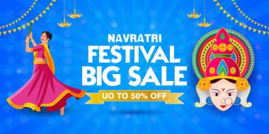 Güzel yatay Navratri festivali vektörü Hint dansçısı Durga tanrıça yüzü, parlayan diyas ve satış duyurusu. Festival satışları, reklamlar ve dijital promosyonlar için mükemmel..