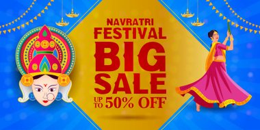 Tanrıça yüzlü zarif Navratri festivali afişi, Hint dansçı illüstrasyonu, parlak diyas ve modern mavi-sarı arka plan. Festival promosyonları, çevrimiçi satışlar ve kültürel etkinlik reklamları için ideal..