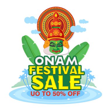 Kerala Onam festival promosyon vektör tasarımı Kathakali yüzü, muz yaprakları, hindistan cevizi ağaçları ve su altyapısı. Geleneksel Hint festivali pazarlama, teklifler ve dijital satış kampanyaları için mükemmel..