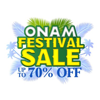 Onam festivali için asgari vektör tasarımı palmiye ağaçları, hindistan cevizi yaprakları, mavi arka plan ve indirimli metin. Kerala Onam satış promosyonları ve internet reklamları için mükemmel..