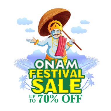 Kral Mahabali 'nin şemsiyeli, palmiye ağaçlı, dağlı ve indirimli alışveriş metniyle oluşturduğu Yaratıcı Onam festivali afişi. Kerala Onam kutlamaları, promosyonlar ve festival satışları için ideal..
