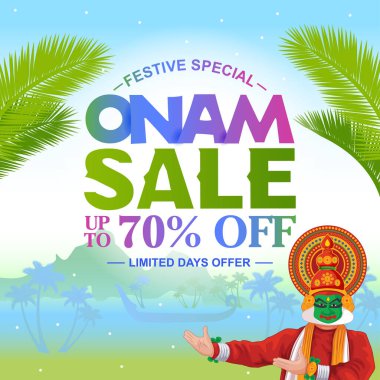 Kathakali sanatı, Kerala durgun suları, hindistan cevizi ağaçları, palmiye yaprakları ve renkli arkaplanlı Onam 'ın özel satış vektör posteri. Şenlikli promosyonlar, indirimler ve etkinlik pazarlaması için mükemmel..